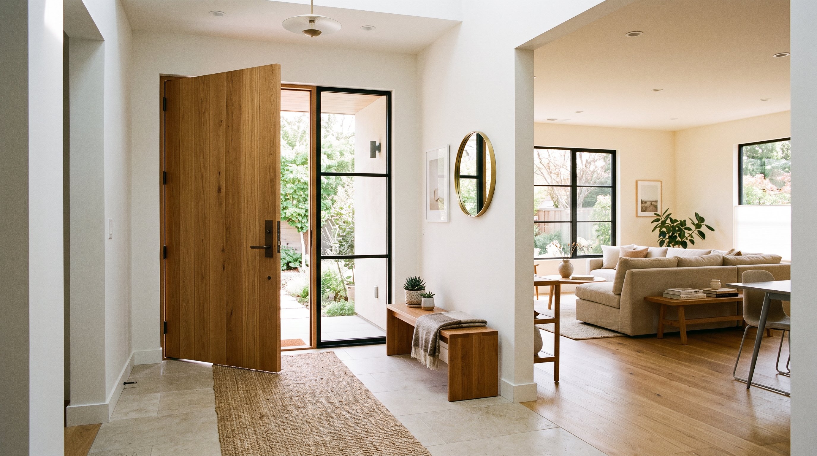 A contemporary home entryway showing a partial view into an open living space beyond
