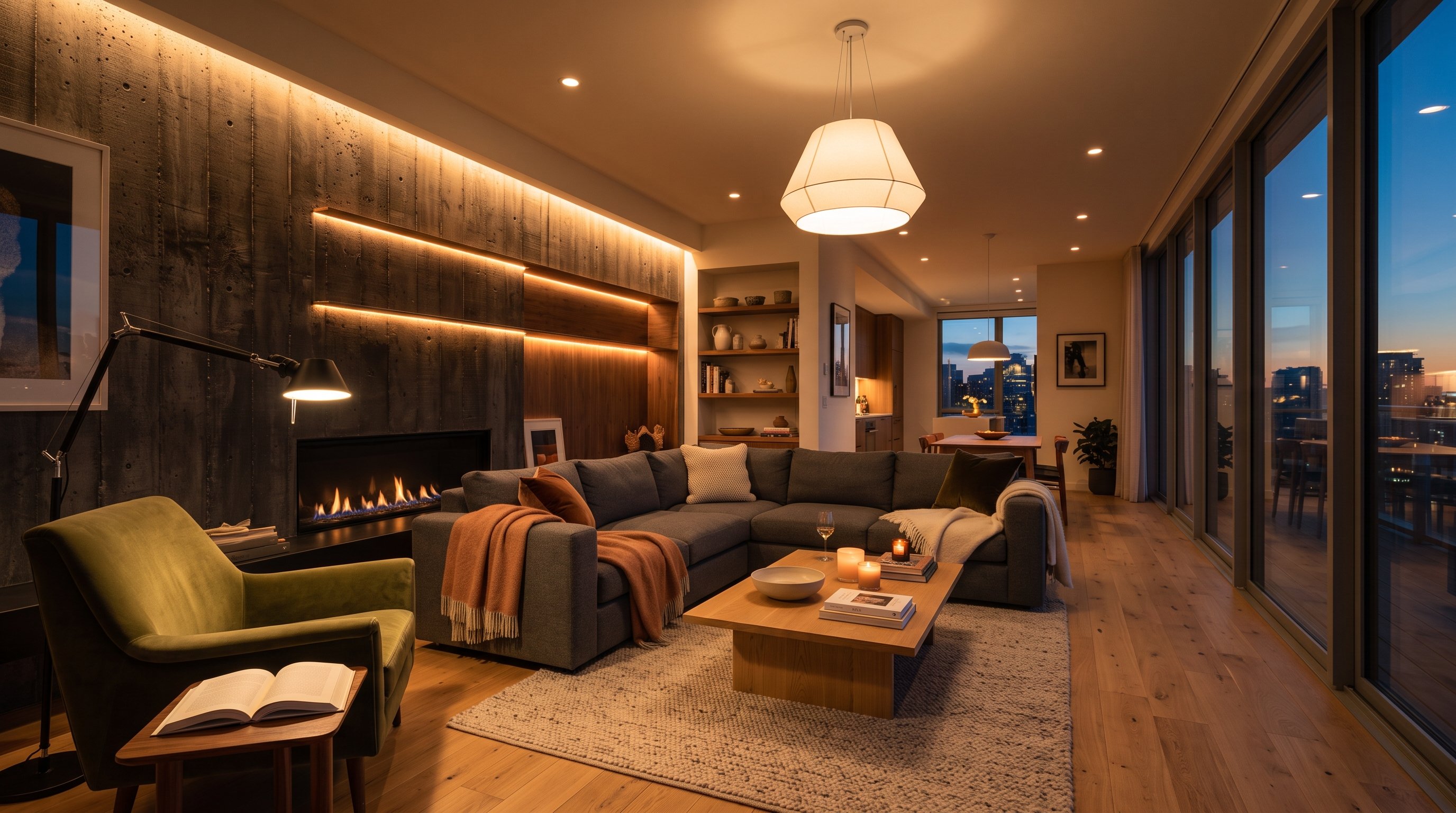 A contemporary living room interior at dusk with layered warm lighting