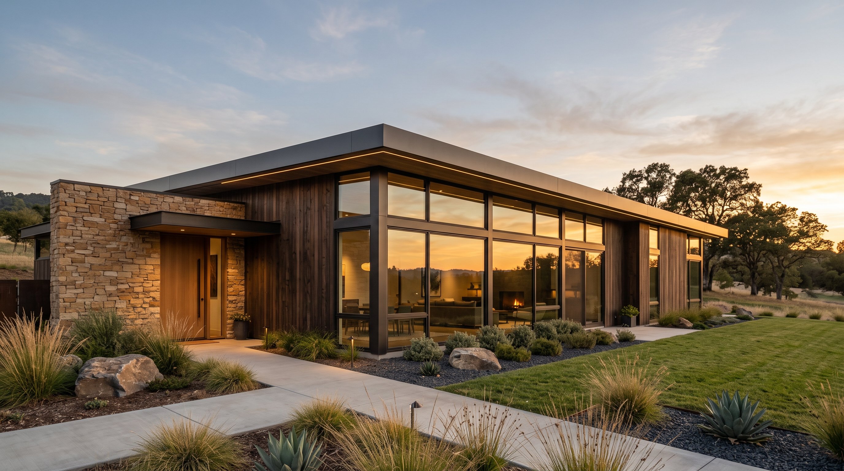 A contemporary single-story home exterior at golden hour with mixed materials and large windows