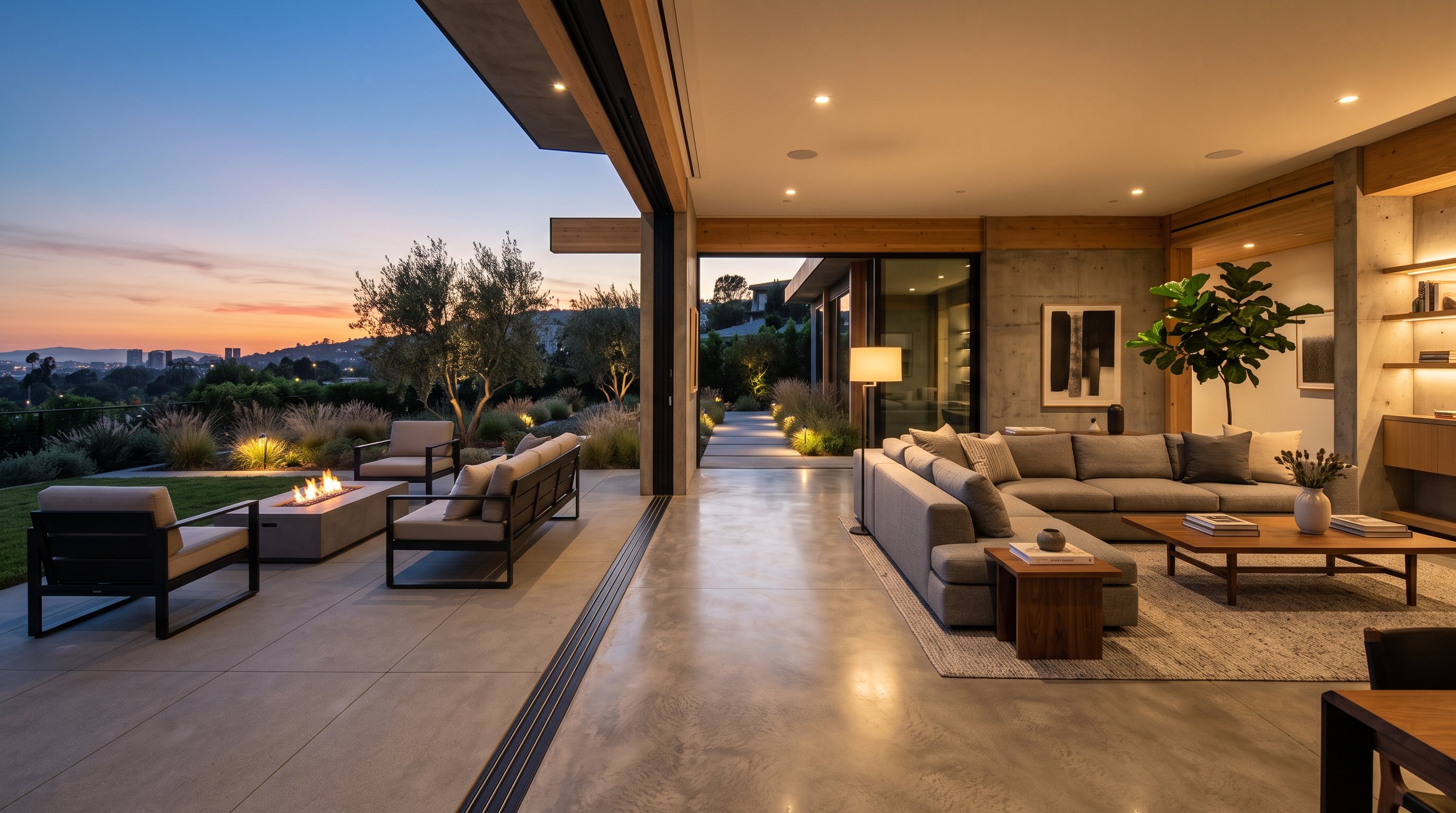 A contemporary living room with a fully retracted glass wall opening onto a patio