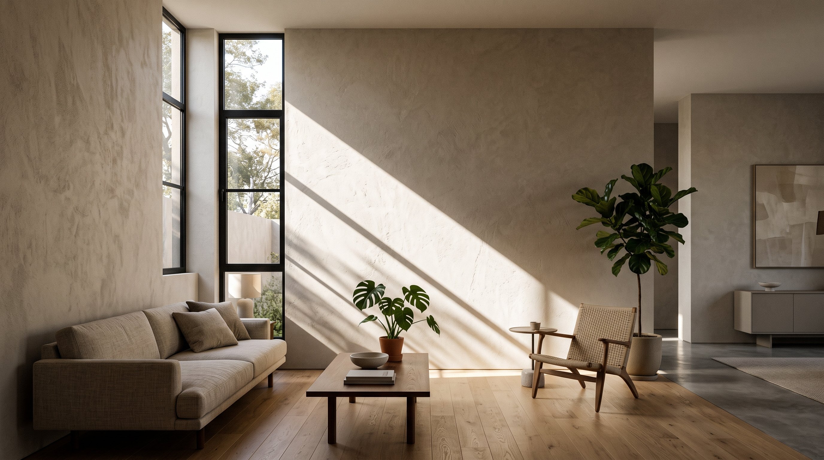 A contemporary living room with a shaft of afternoon light and shadow across a textured wall