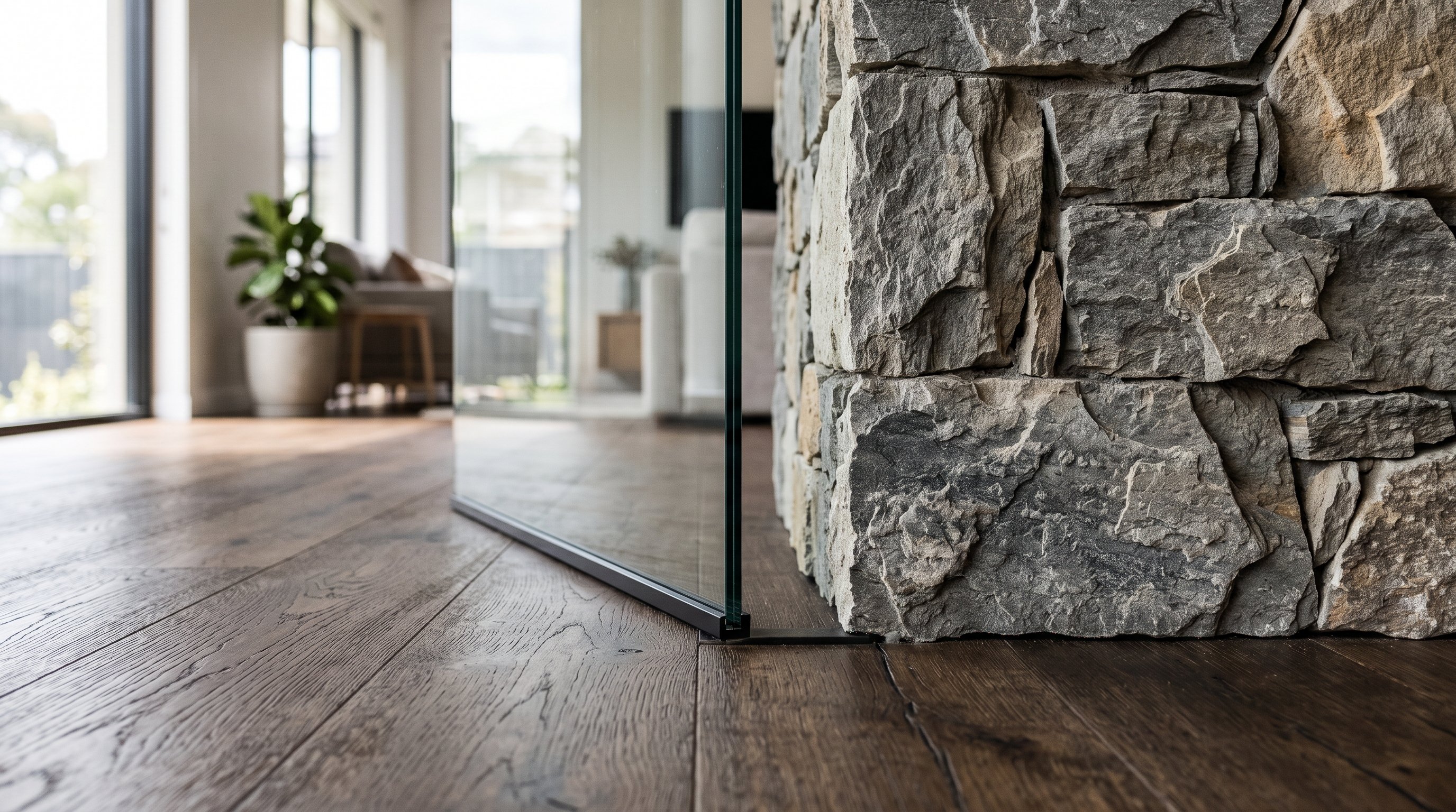 A close-up detail where timber flooring meets a stone wall and a glass panel