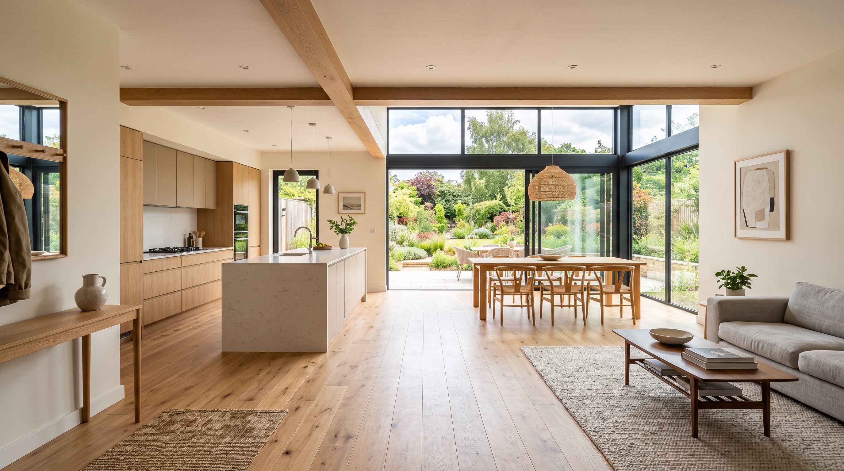 A contemporary open-plan living and kitchen space with sightlines through to a framed window view