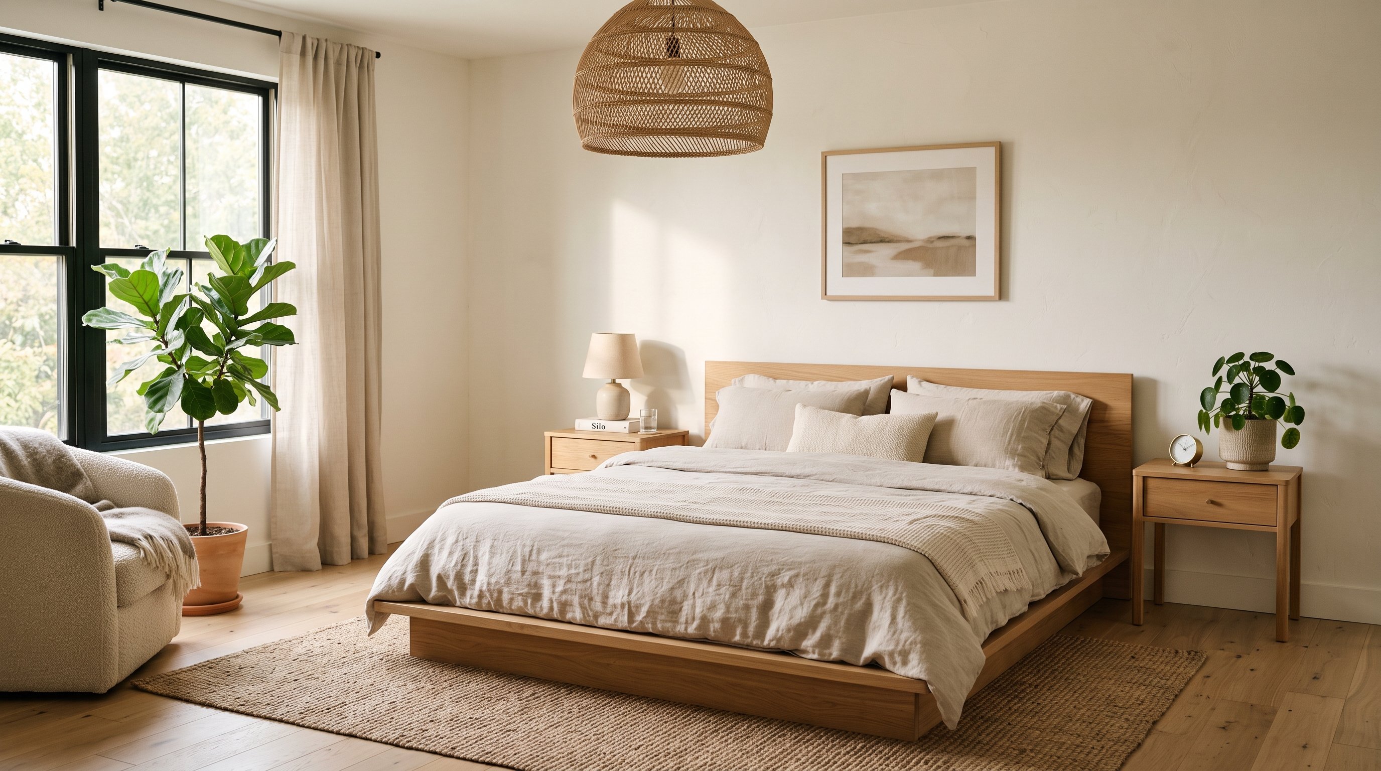 A contemporary bedroom with a platform bed, linen duvet, and woven pendant light