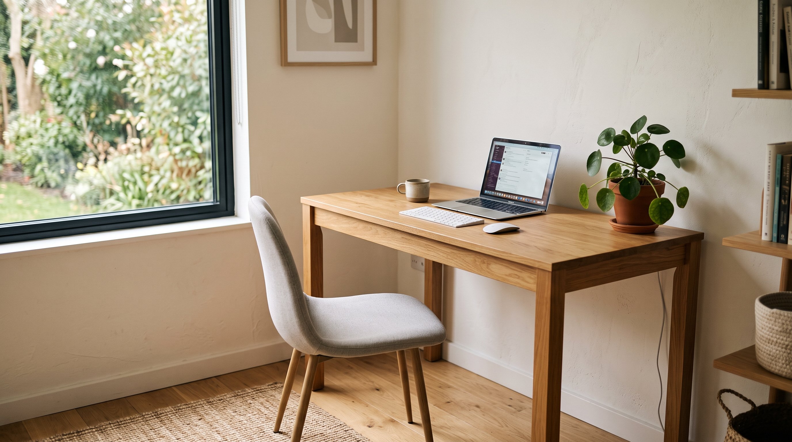A contemporary home office corner with a simple wood desk and natural light