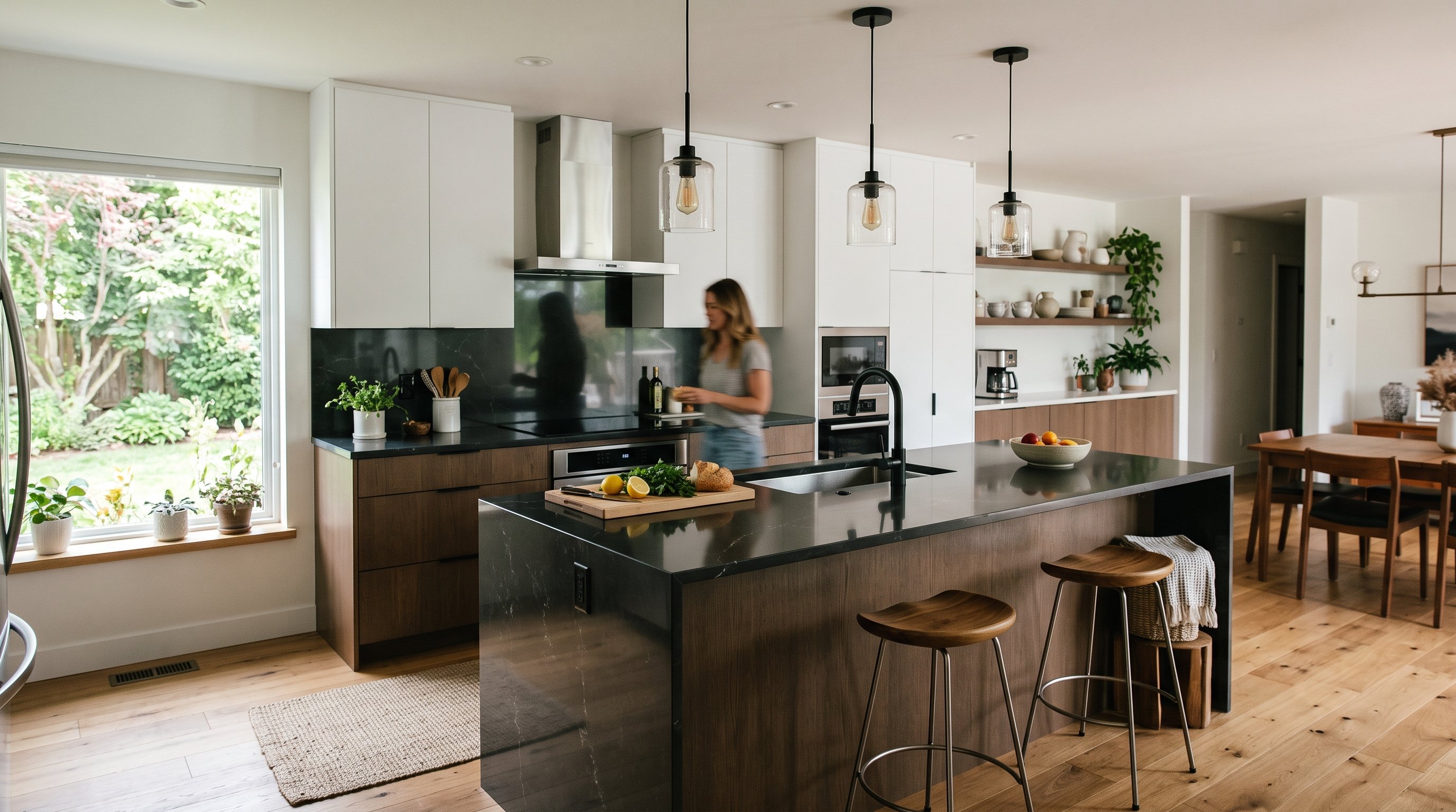 A contemporary kitchen with flat-panel cabinetry and pendant lighting over an island