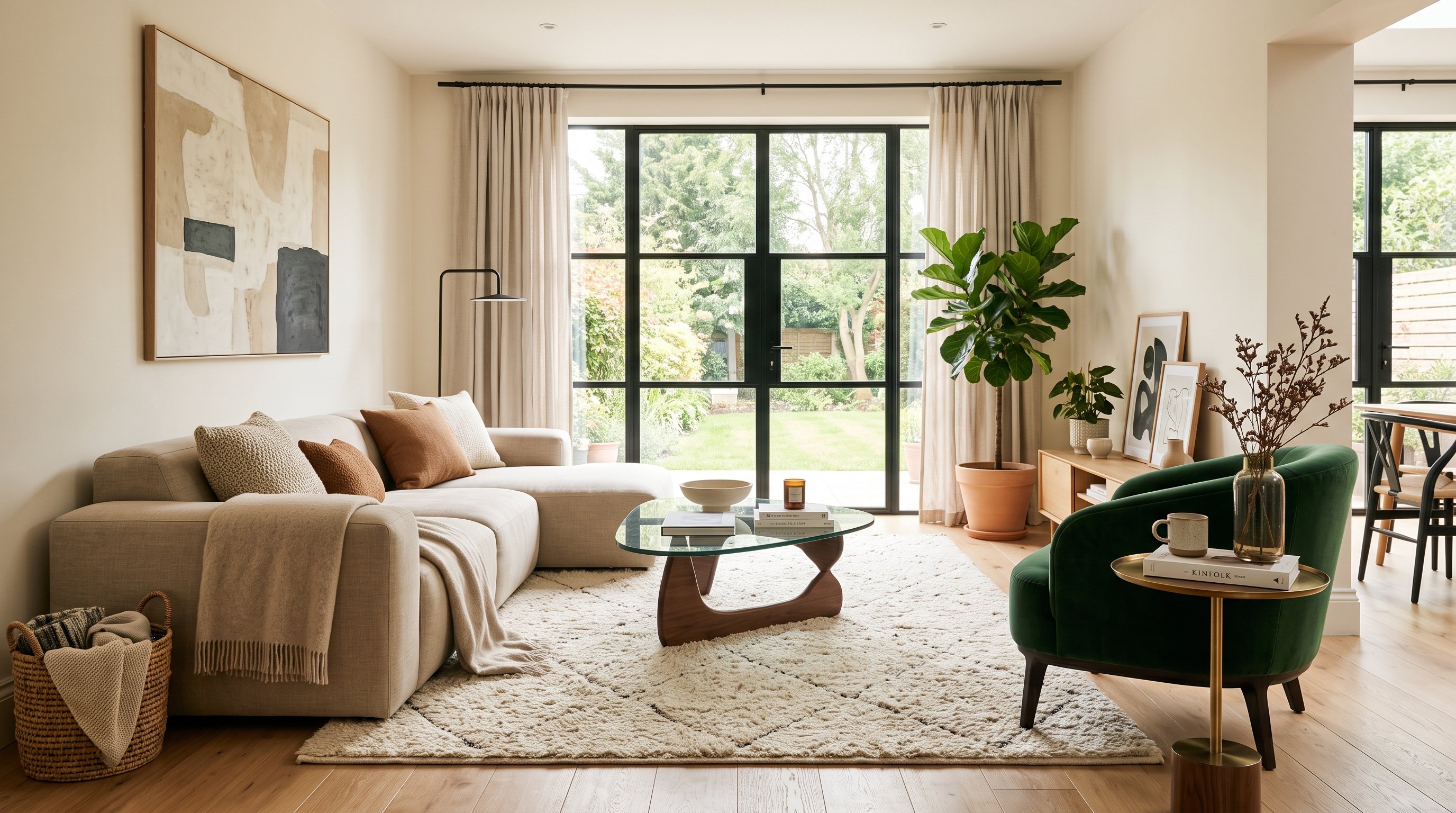 A contemporary living room with a low-profile sofa and warm neutral palette