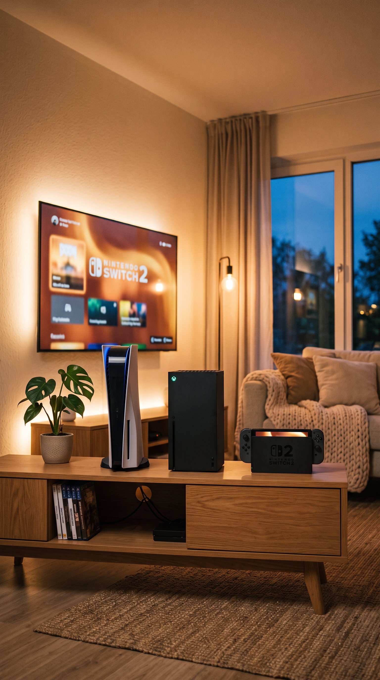 PlayStation 5, Xbox Series X, and Nintendo Switch 2 displayed on a TV stand