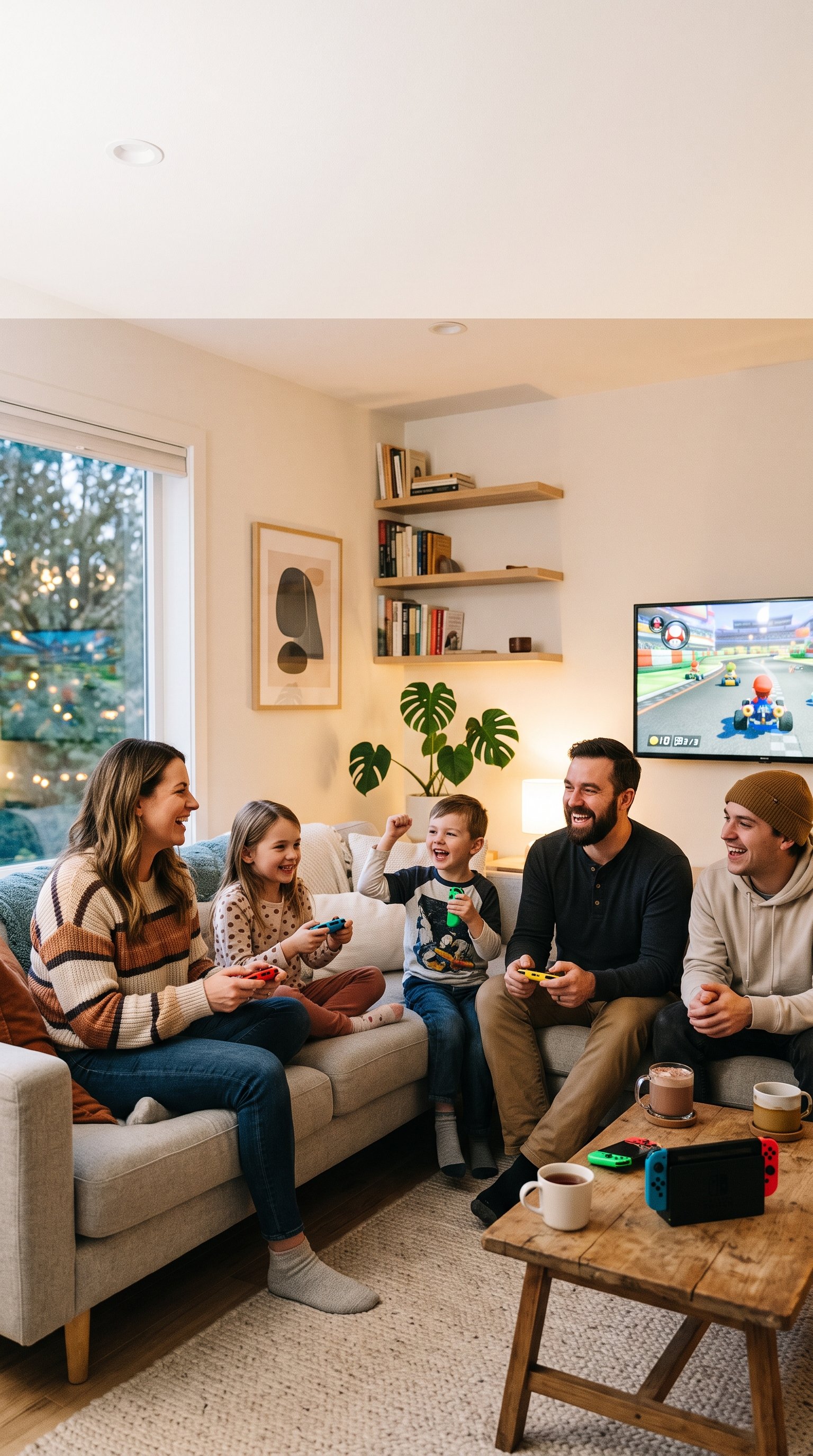 A family playing Nintendo Switch 2 together in a cozy living room, sharing Joy-Con controllers