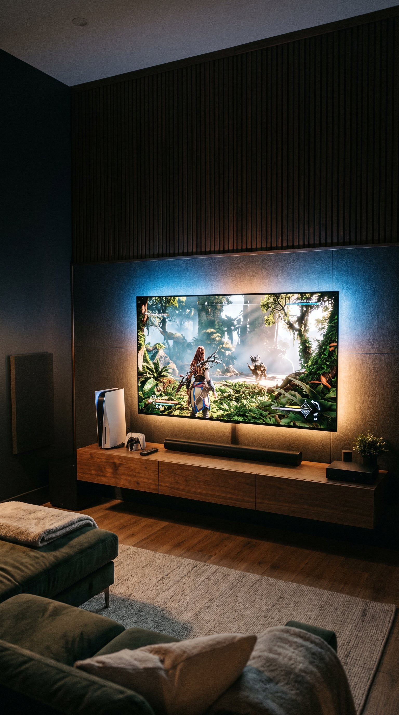 A premium home theater setup with a PlayStation 5 console and 4K TV glowing in a dim room