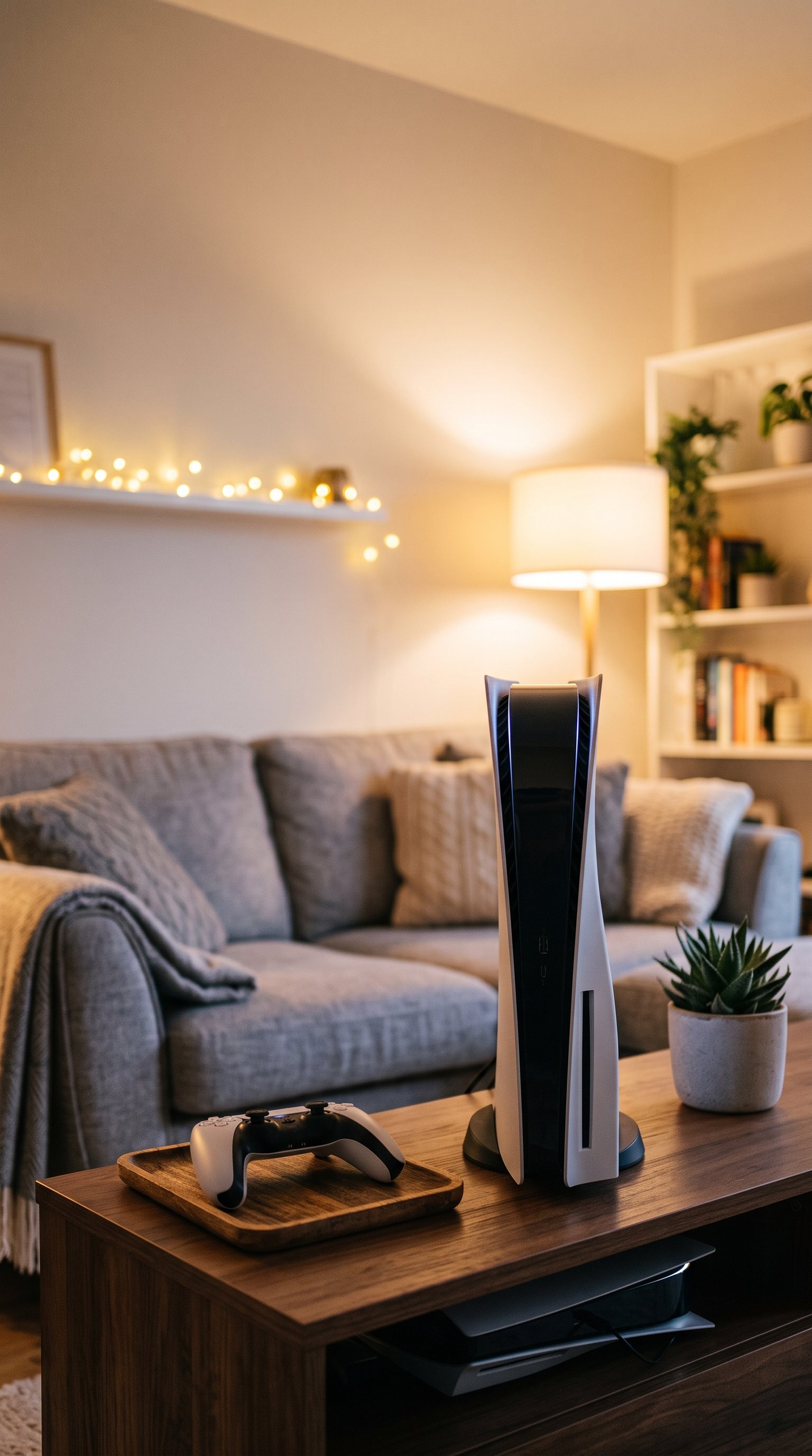 A PlayStation 5 console standing upright on a modern TV console with DualSense controller