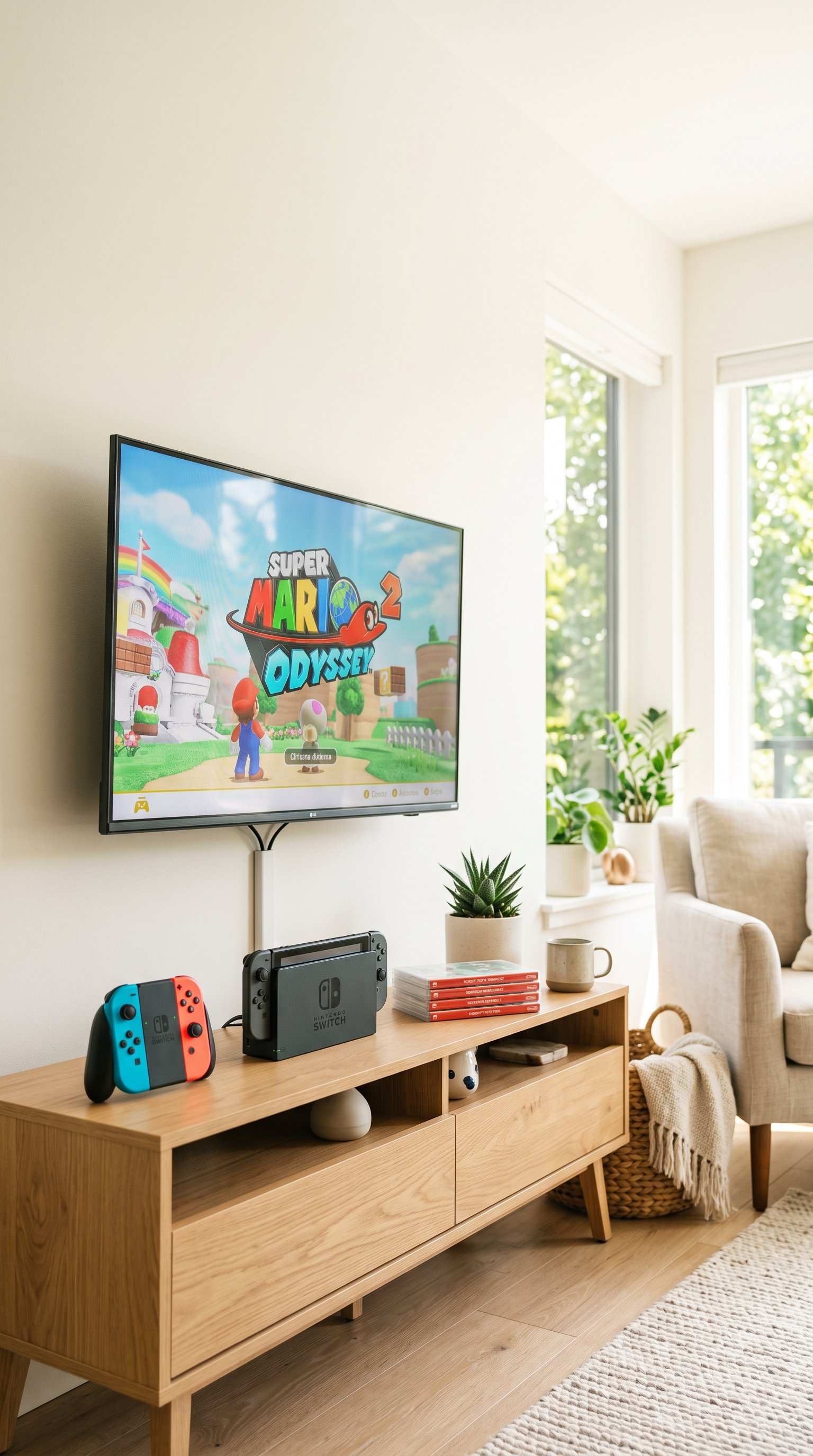 A Nintendo Switch 2 docked and connected to a TV in a bright, minimalist living room