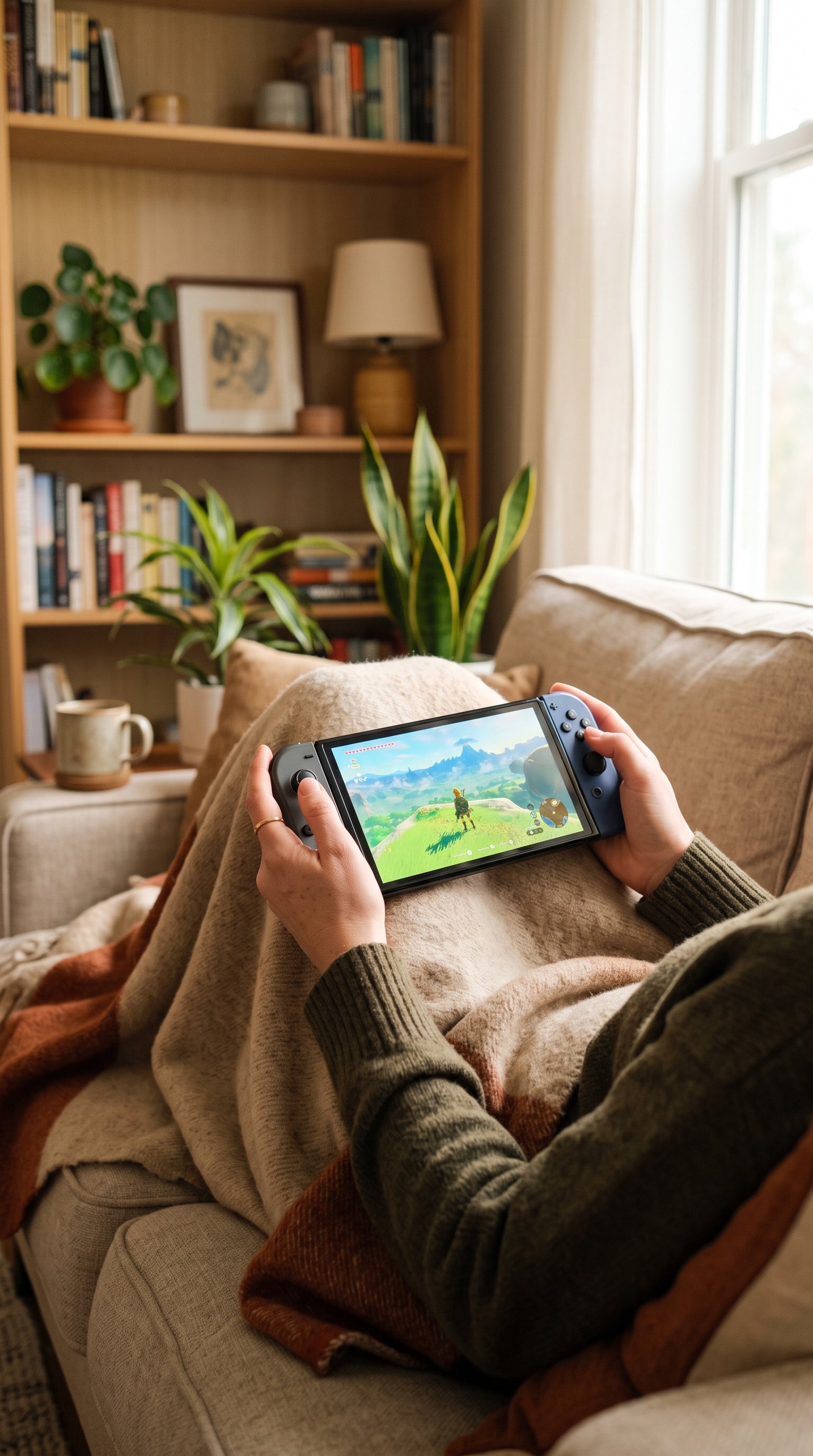A person holding a Nintendo Switch 2 in handheld mode on a couch