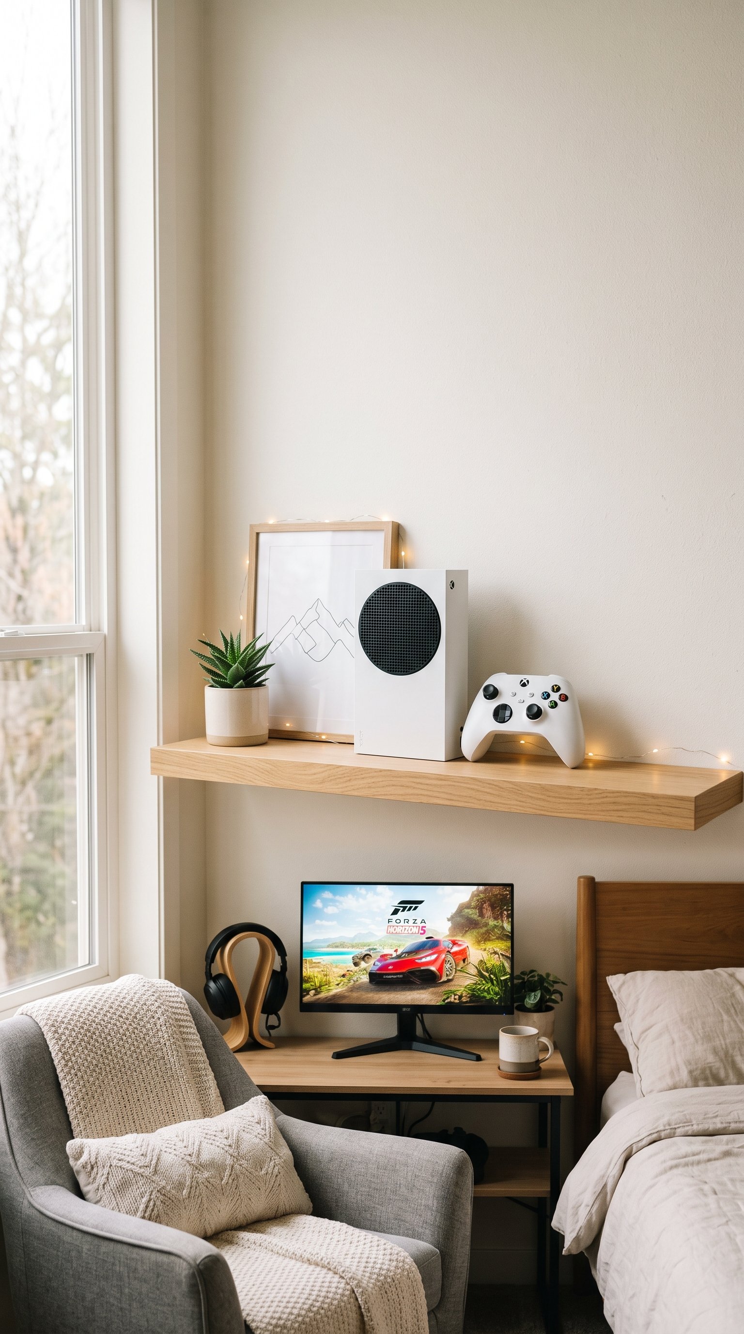 A compact white Xbox Series S console sitting on a shelf in a cozy bedroom gaming corner