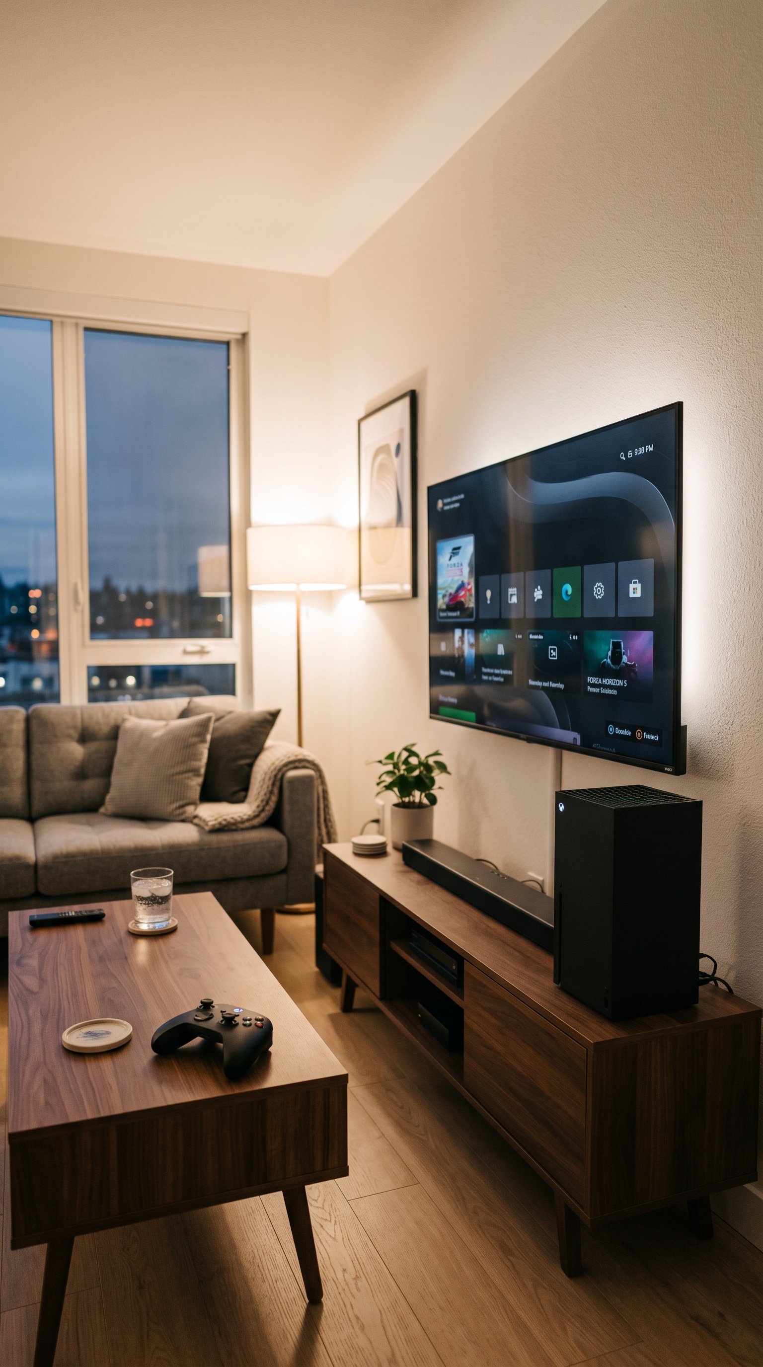 A tall black Xbox Series X console standing beside a TV in a modern living room