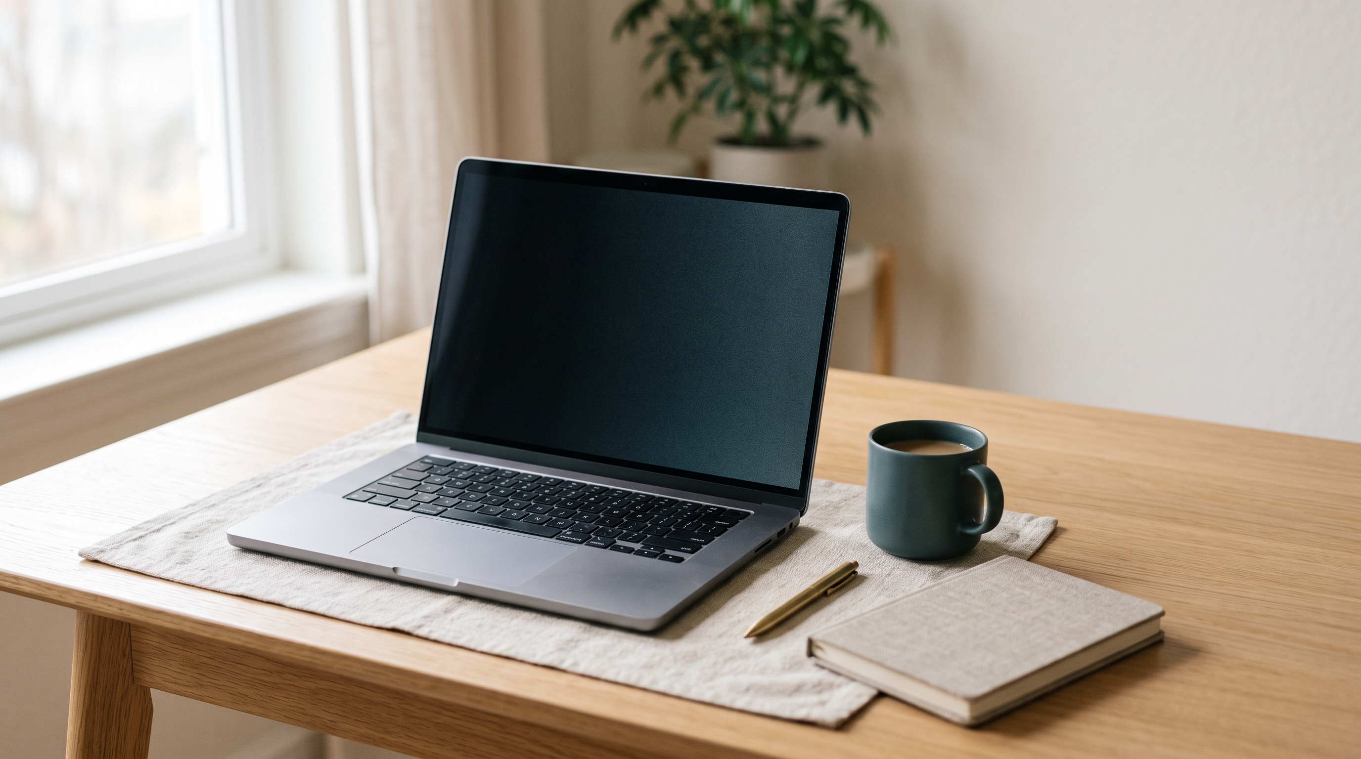 A laptop open on a wooden desk beside a mug of coffee and a notebook
