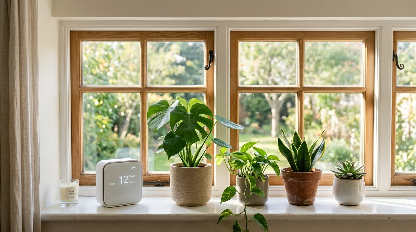 A small air quality monitor sitting on a windowsill surrounded by plants