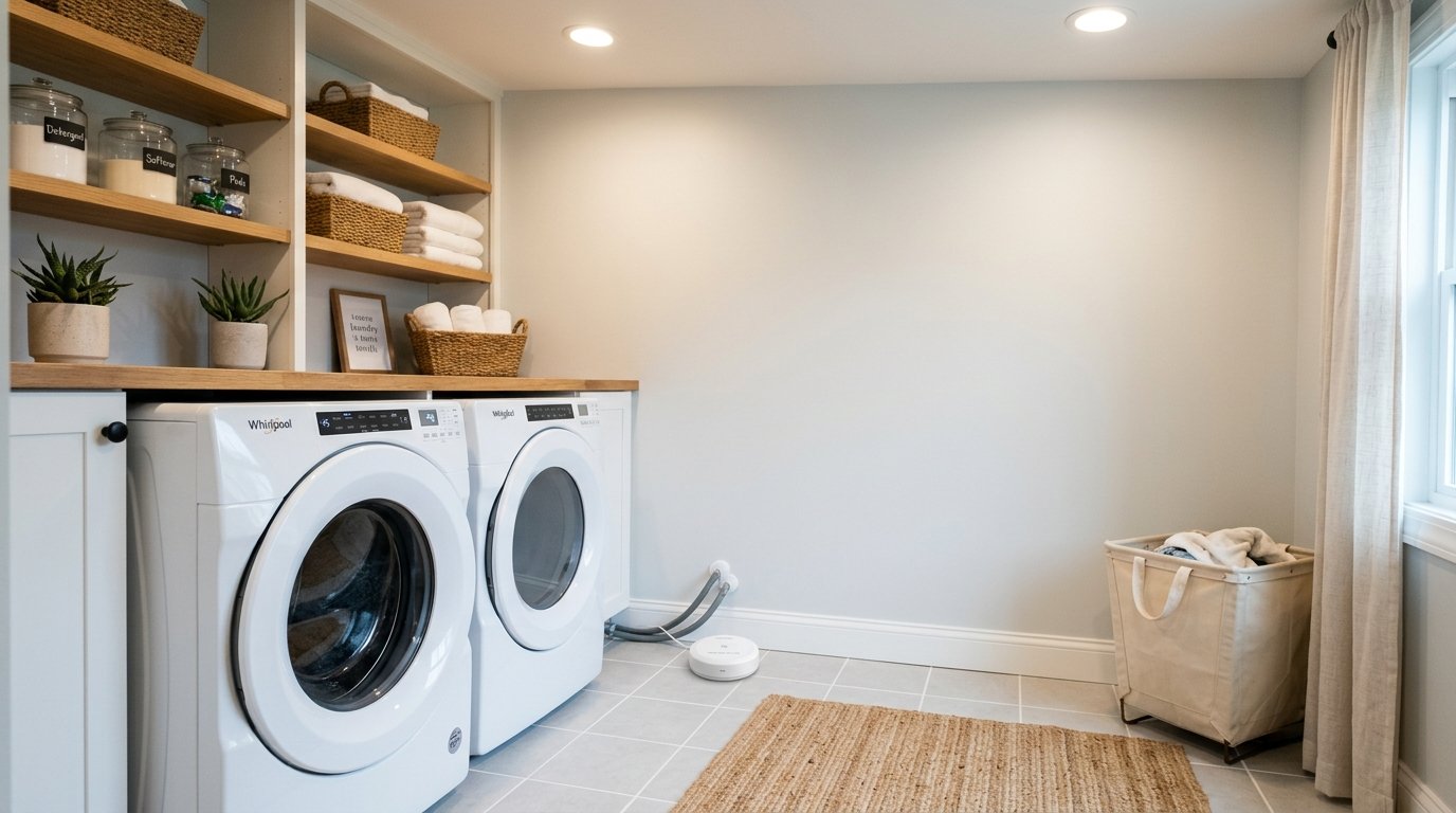 A small leak detector placed on the floor near a washing machine