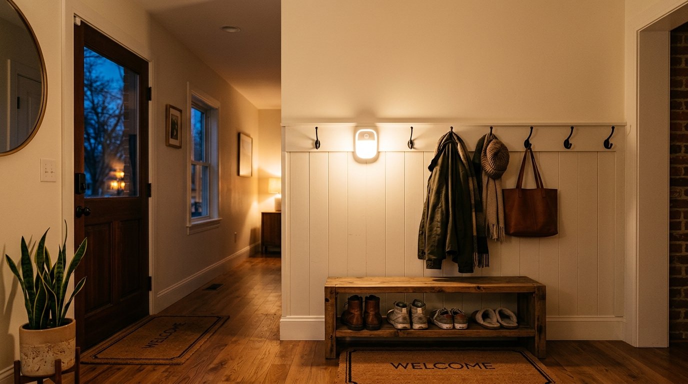 A motion-sensor light glowing softly in a cozy home entryway