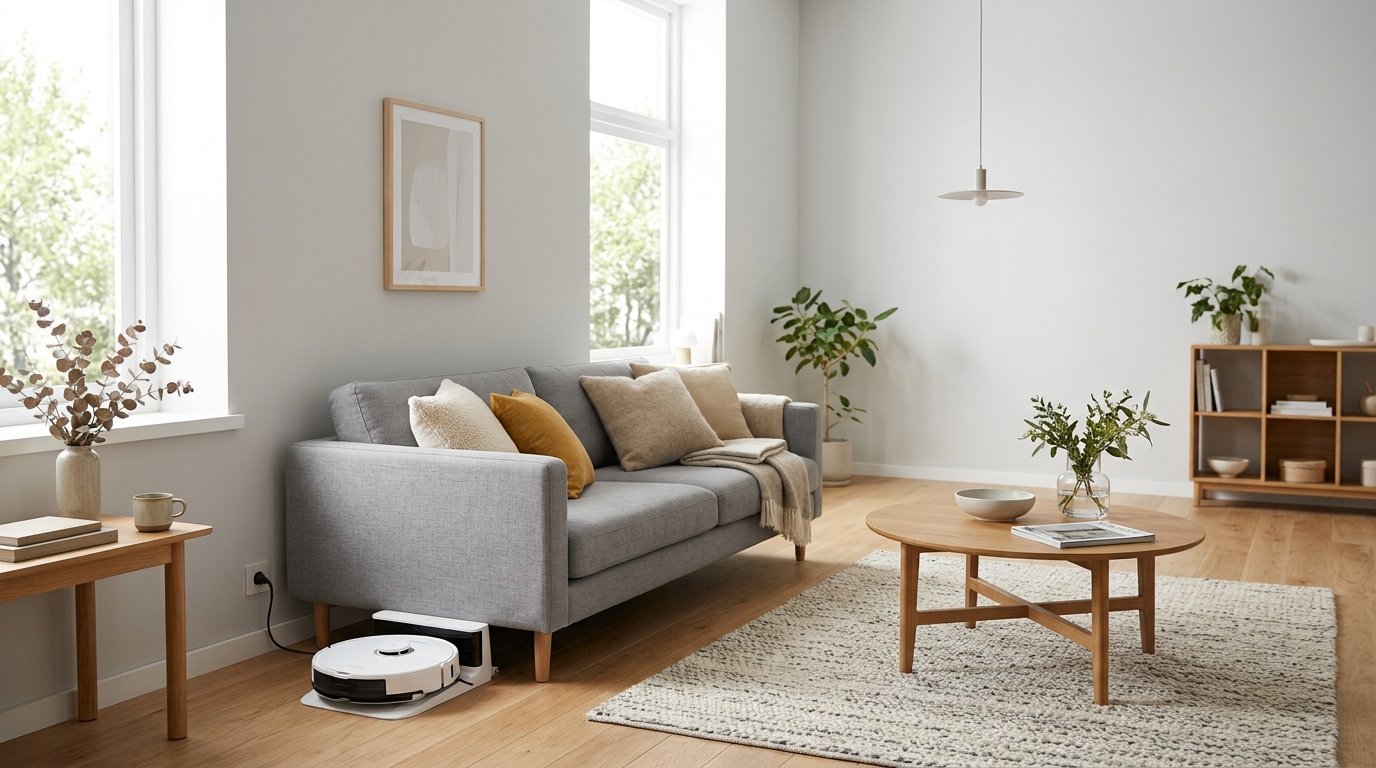 A robot vacuum docked in the corner of a clean, minimalist living room
