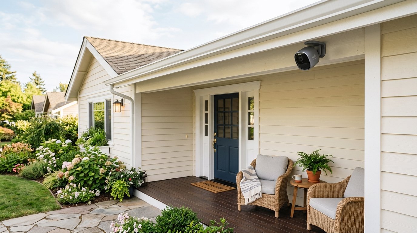 A discreet outdoor security camera mounted under a porch eave