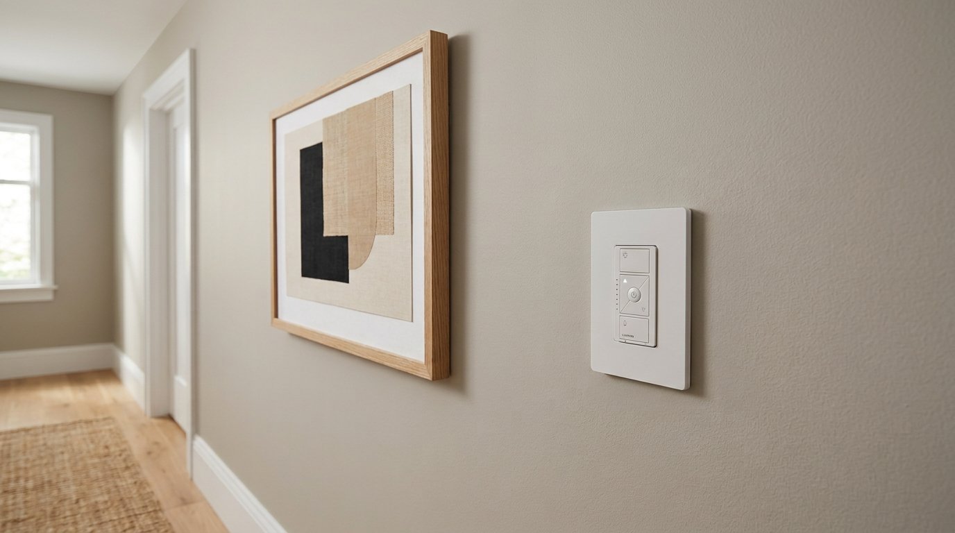 A sleek smart dimmer switch mounted on a hallway wall