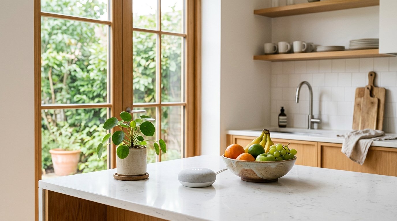 A small smart home hub sitting on a kitchen countertop