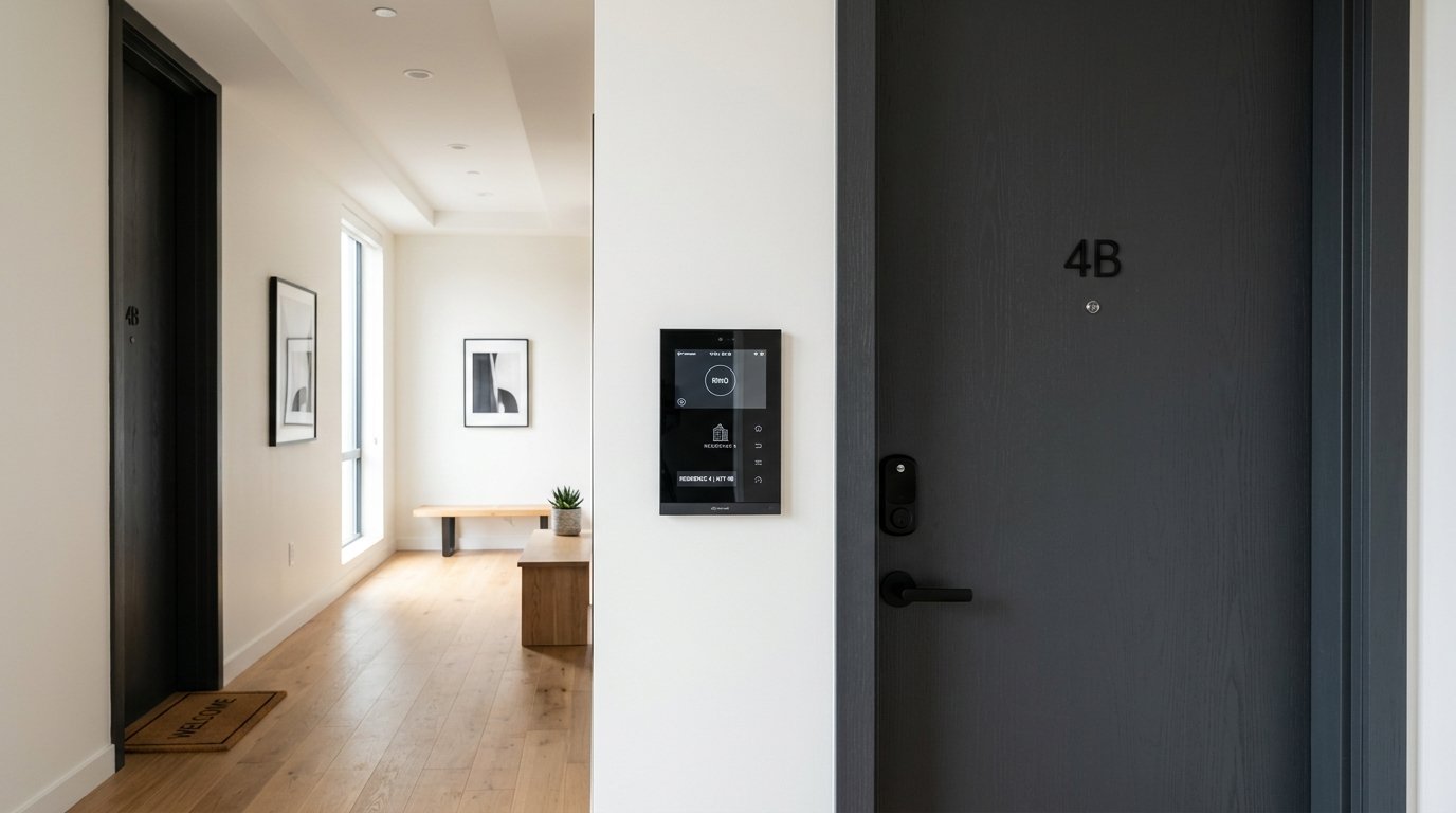 A smart intercom panel mounted on the wall of a modern apartment entryway