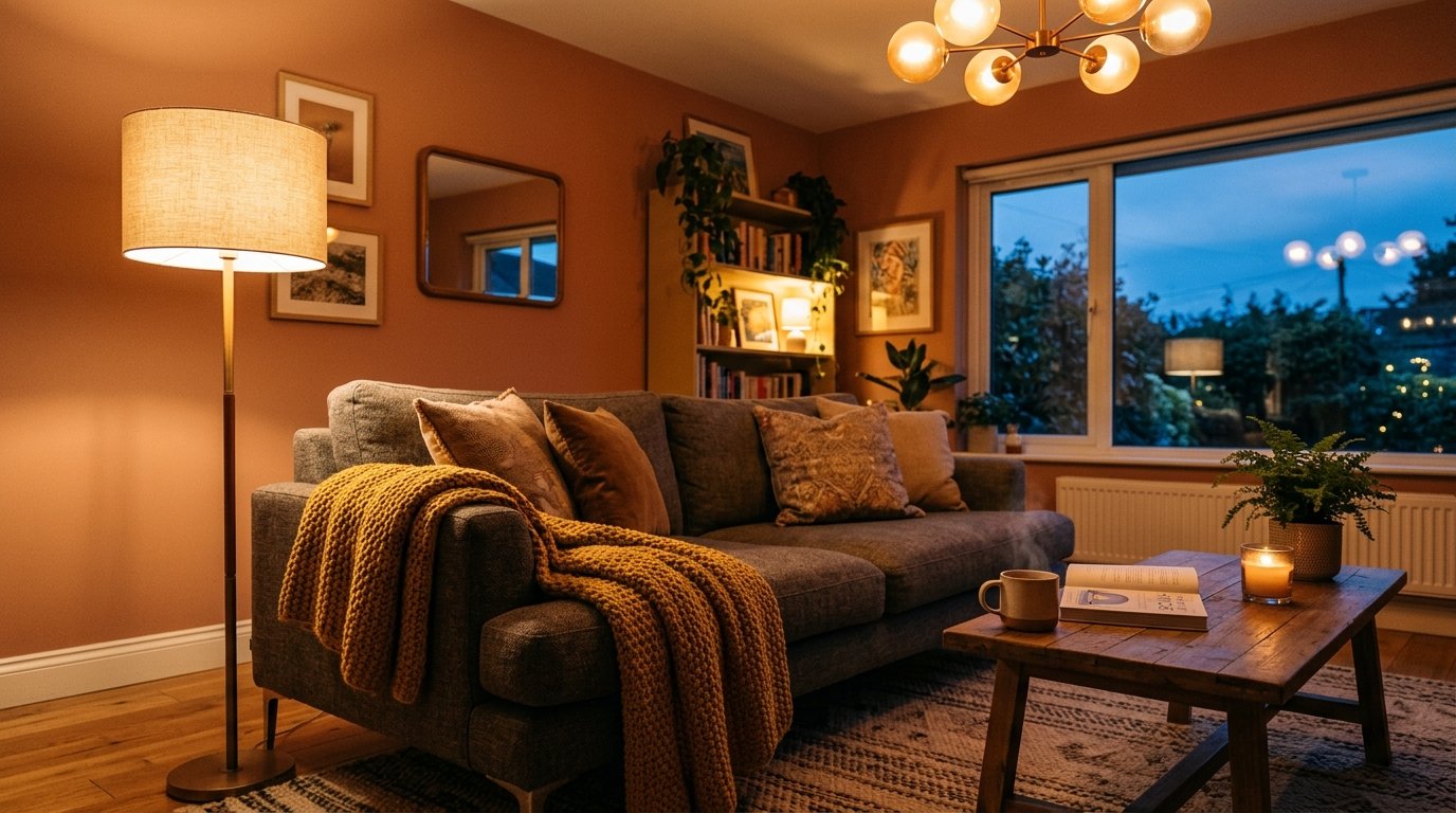 Cozy living room glowing with warm smart lighting in the evening