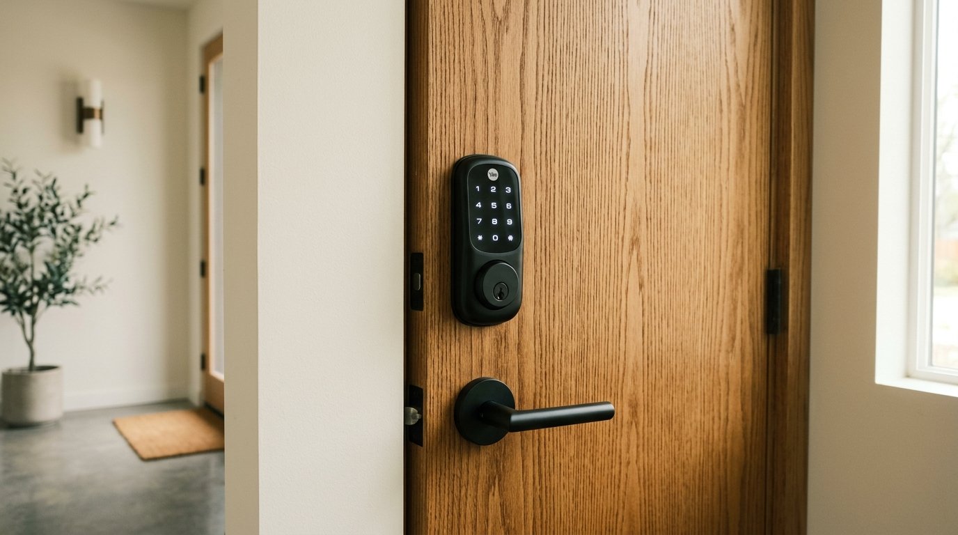 A smart lock with a keypad mounted on a wooden front door