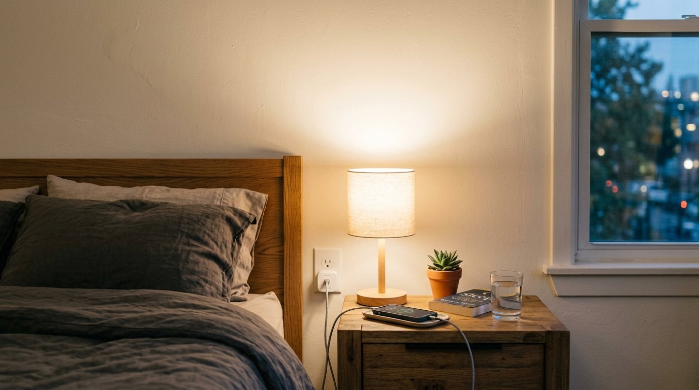A smart outlet powering a lamp and phone charger on a bedroom nightstand