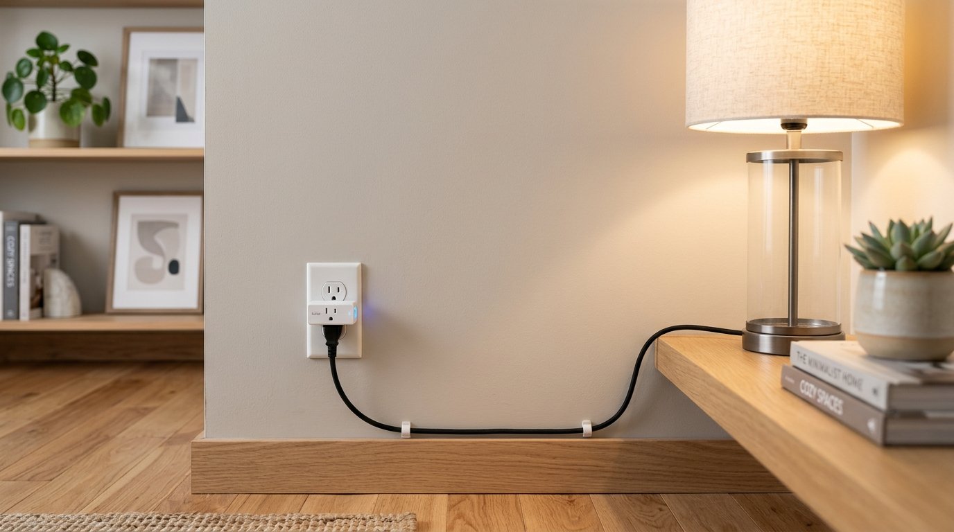 A smart plug connected to a lamp near a bookshelf