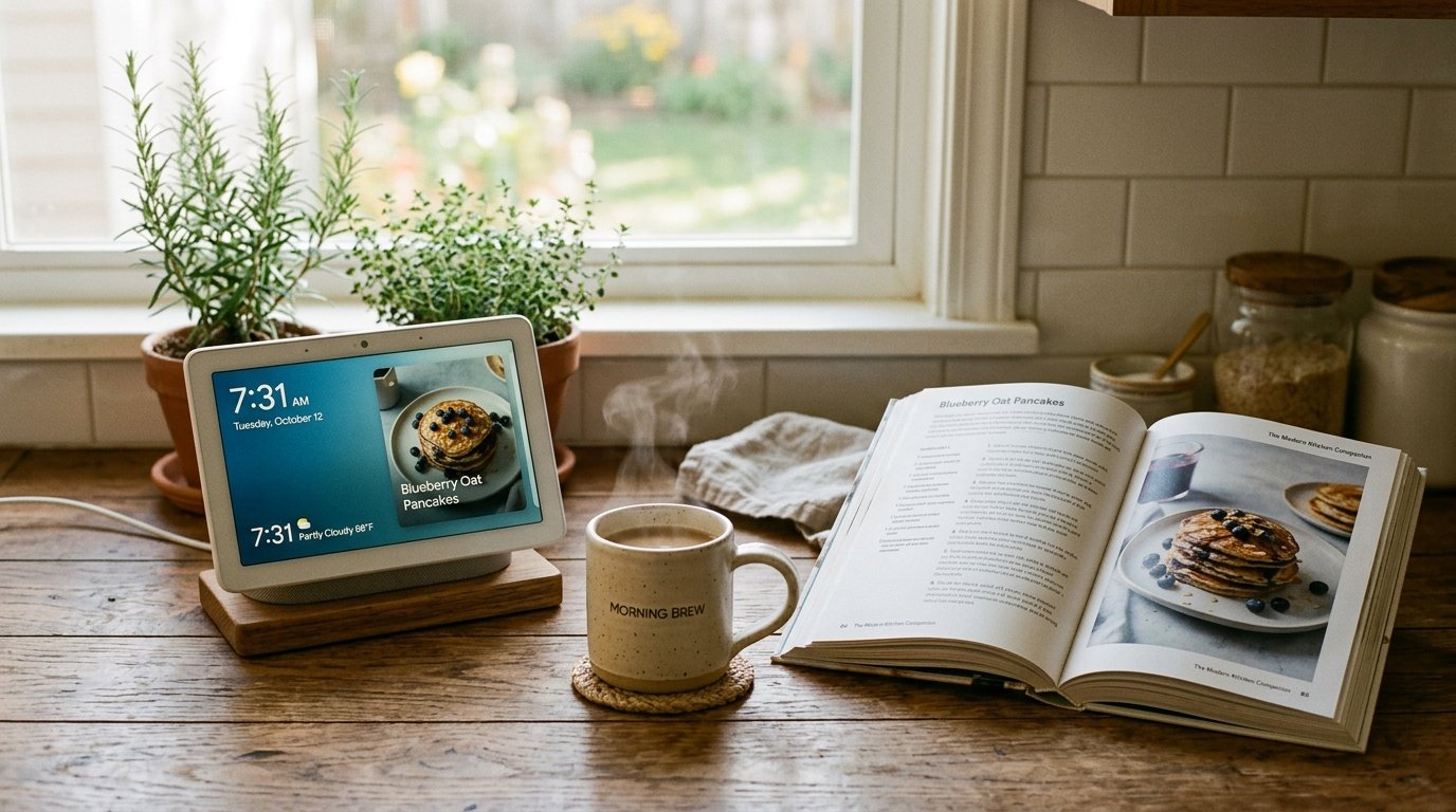 A smart speaker and display sitting on a kitchen countertop in the morning