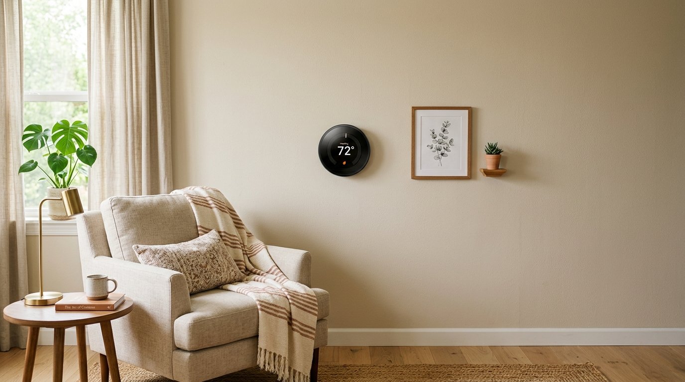 A smart thermostat mounted on a living room wall beside an armchair