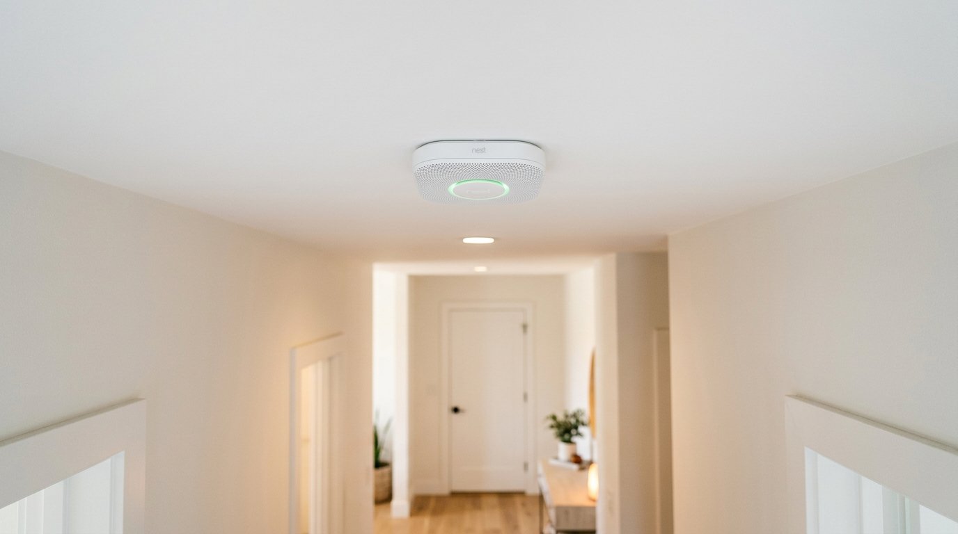 A smart smoke detector mounted on a hallway ceiling