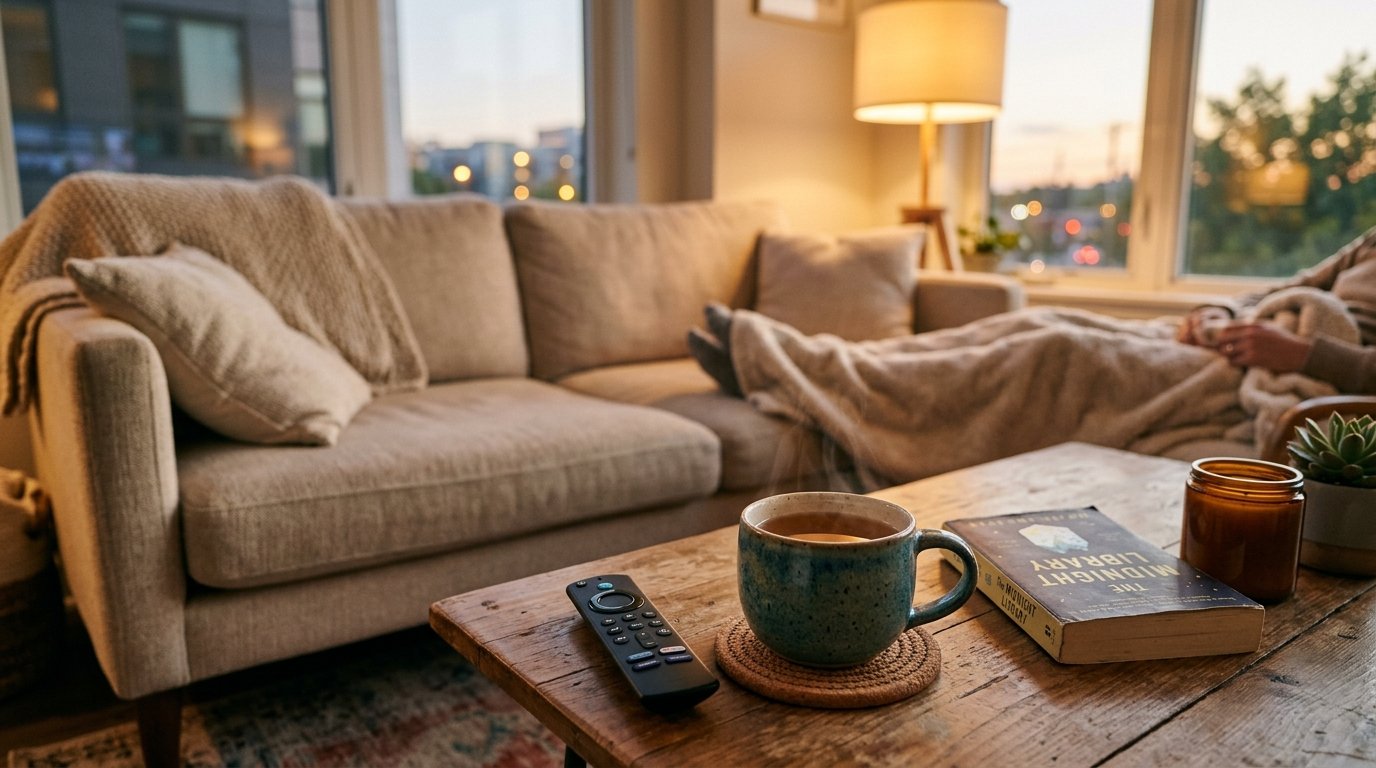 A universal remote resting on a coffee table beside a cup of tea