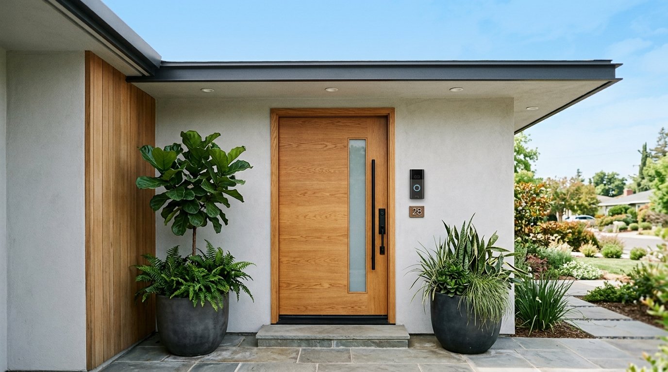 A modern front door with a video doorbell mounted beside it