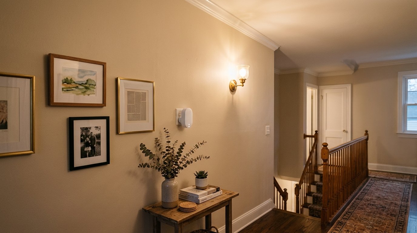 A compact Wi-Fi extender plugged into a wall outlet in a hallway