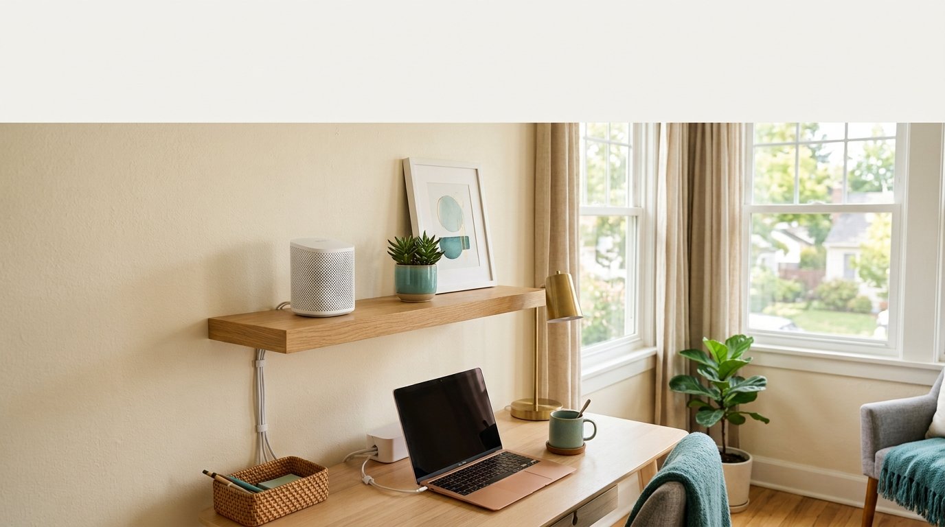 A mesh Wi-Fi router sitting on a floating shelf above a home desk setup